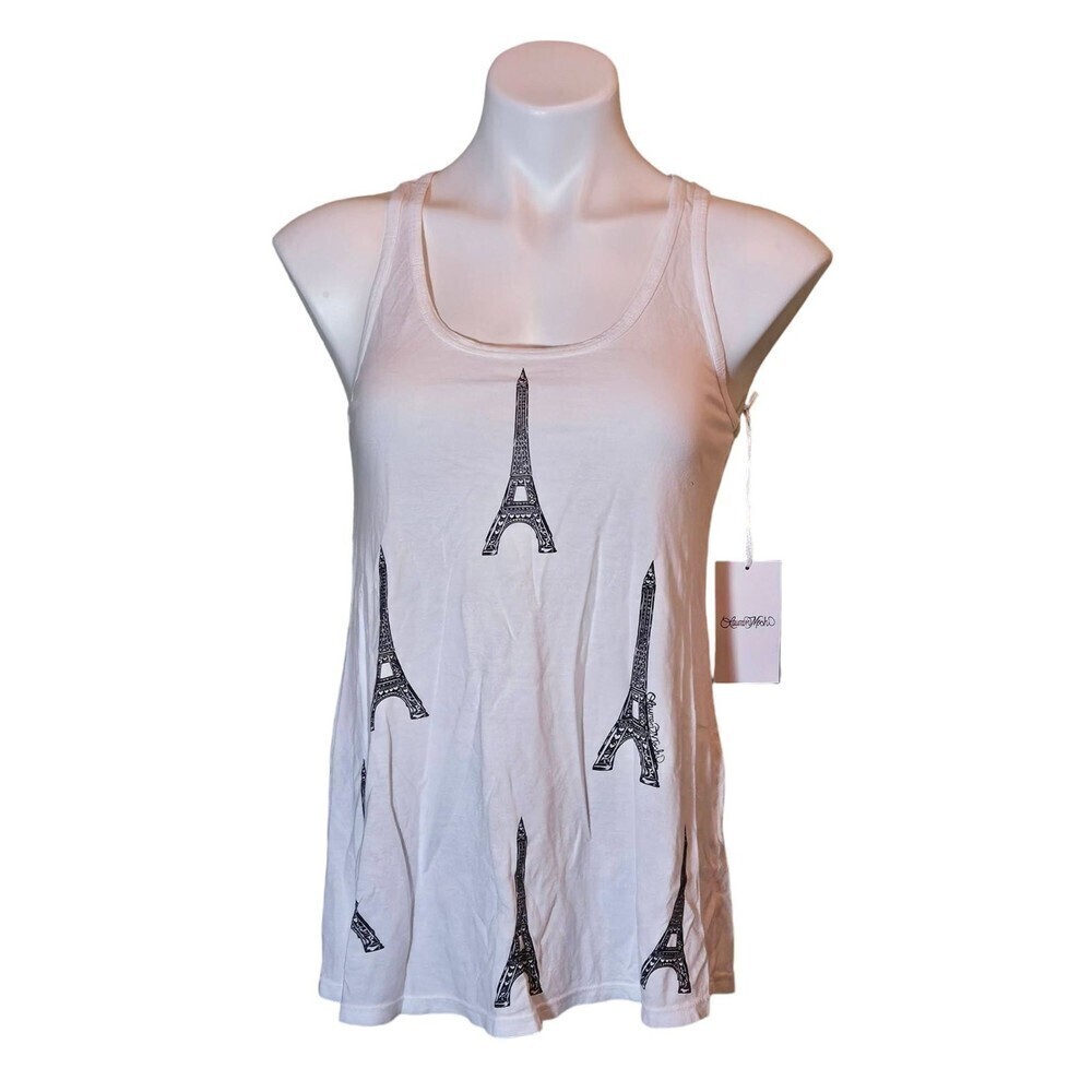 Lauren Moshi Womens Eiffel Tower Print Racerback Tank Top White Size Small NWT